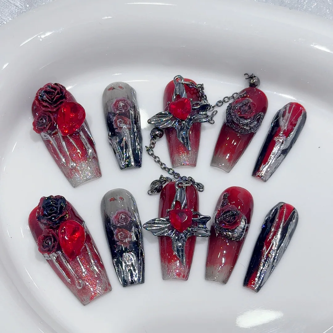 Gothic Cyber Rose Nails – Vampire Crimson Acrylic Set (10 pcs, Full Cover, Pre-Designed) - Image 3