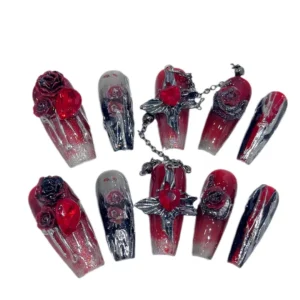 Gothic Cyber Rose Nails – Vampire Crimson Acrylic Set (10 pcs, Full Cover, Pre-Designed)