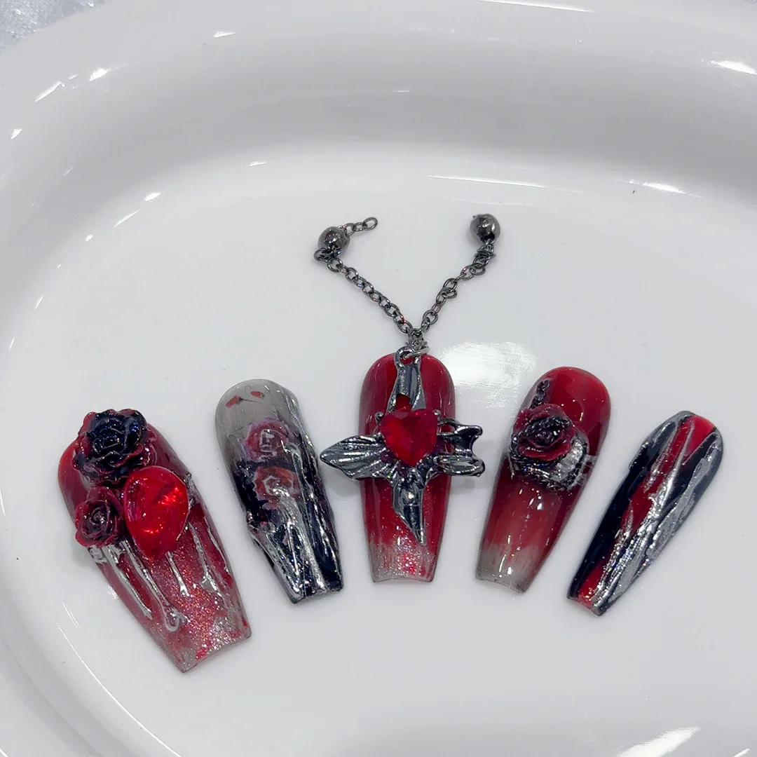Gothic Cyber Rose Nails – Vampire Crimson Acrylic Set (10 pcs, Full Cover, Pre-Designed) - Image 2
